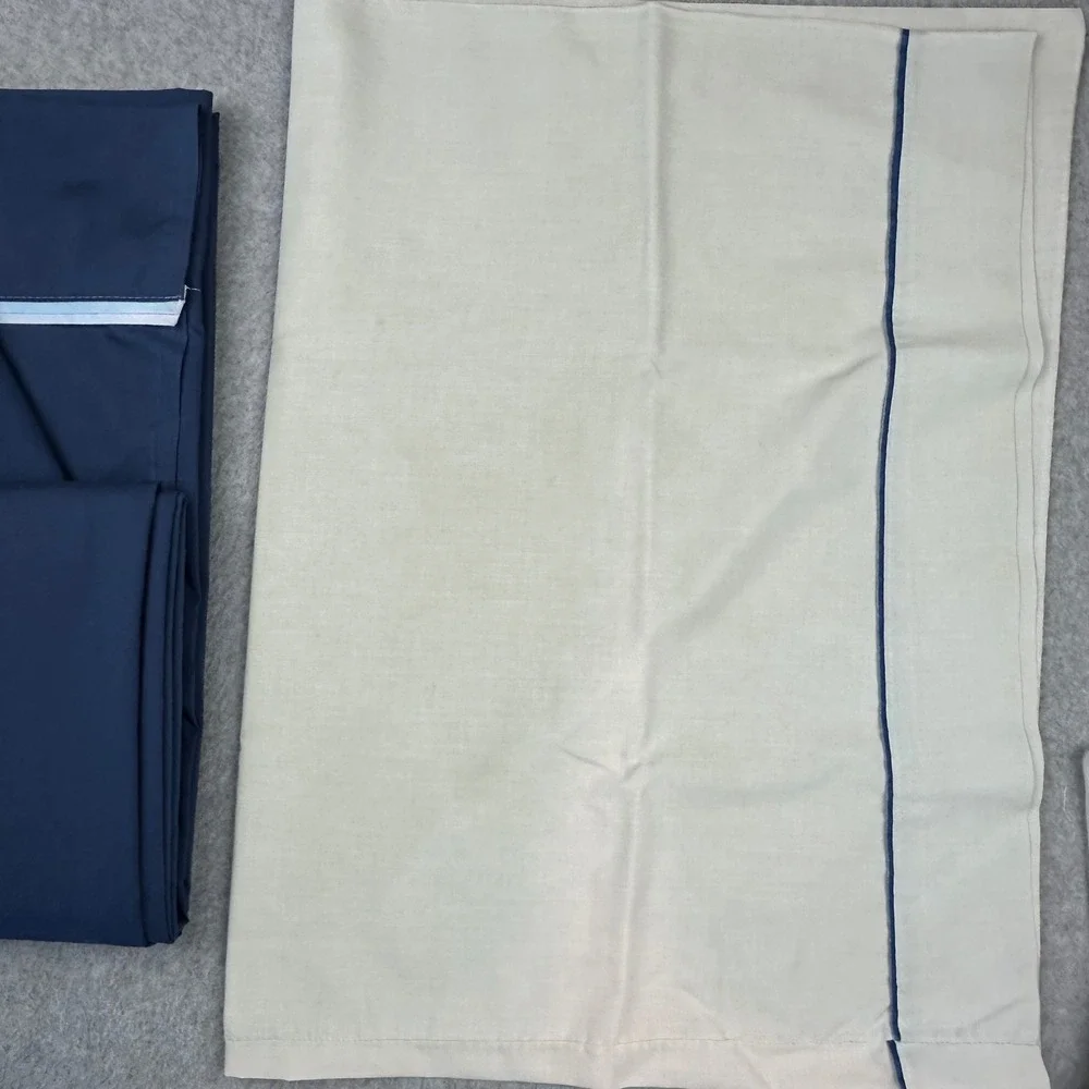 Vtg Sears Perma-Prest Percale Twin Flat Sheet Navy Blue Cream Pillowcase